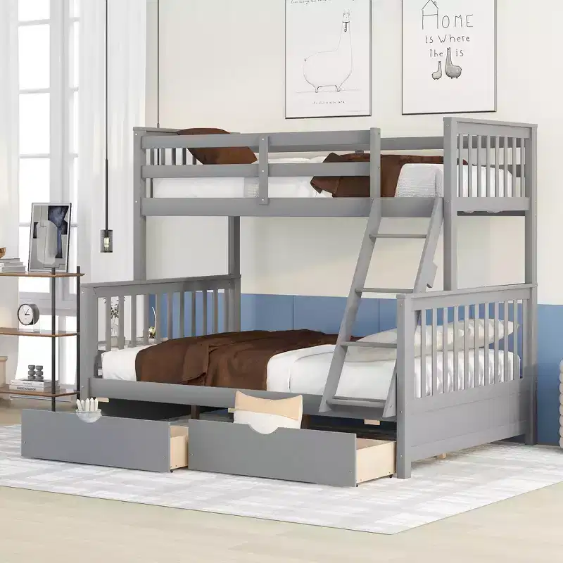 Twin over Full Bunk Bed with Built-in Ladder & Drawers, Pine Wood & MDF Bed Frame, Convertible into Two Beds - ModernLuxe