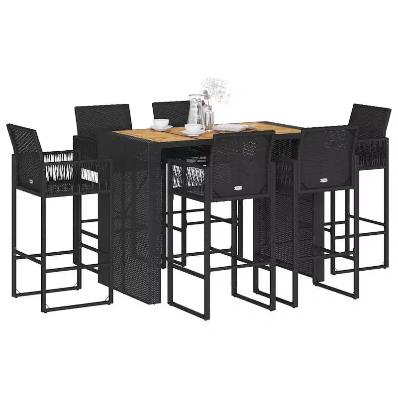 vidaXL 7 Piece Black Patio Bar Set - Weather-Resistant Poly Rattan & Acacia with Stools