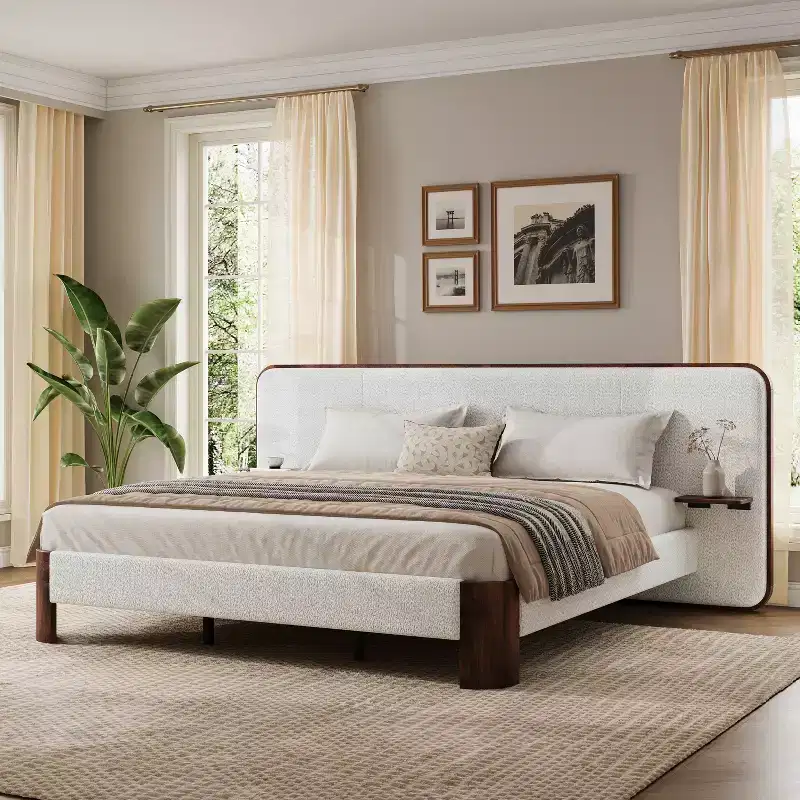 Christopher Knight Home Jariya Modern Rubber Wood Boucle Upholstered Platform Bed Frame with Curved Headboard