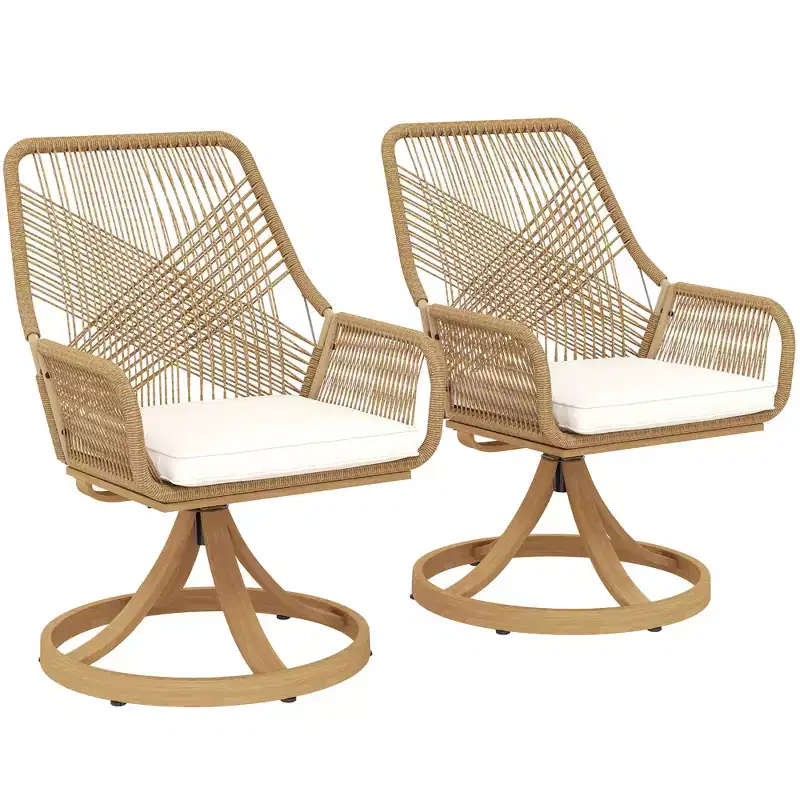 Outsunny Outdoor Patio Swivel Chairs Set of 2, Rattan Patio Dining Chairs with Soft Cushions and Metal Frame for Backyard, Lawn, Porch, Garden, Khaki