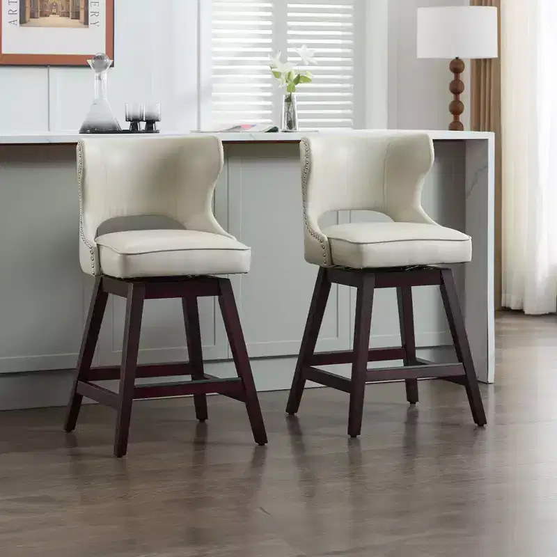 Swivel Nailhead Counter Bar Stools Set of 2 Upholstered 360° Solid Wood Legs 26