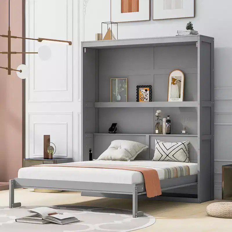 CLIHOME Queen Size Murphy Bed Space-Saving Wall Bed With Shelves