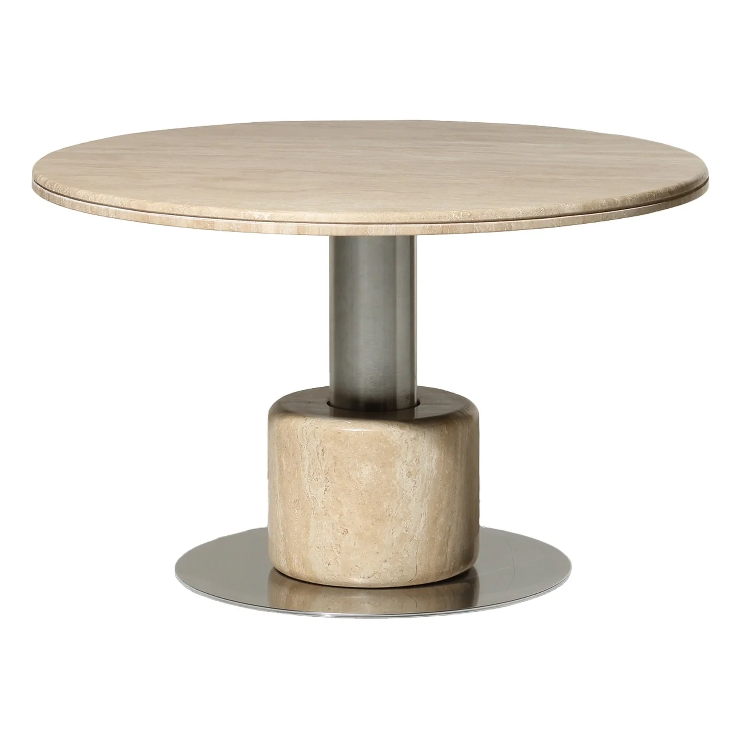 Luxury Travertine Marble Round Dining Table with Stainless Steel Accent Base for Dining Rooms