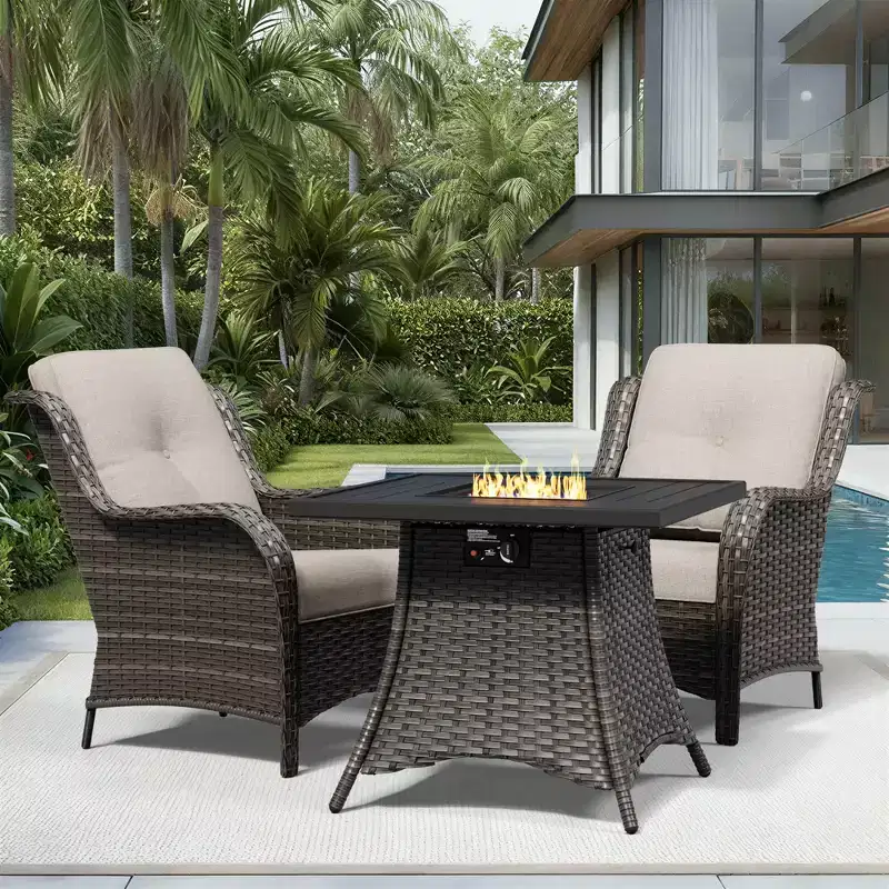 UPTIOT Outdoor 2-Piece Wicker Chair Set with Fire Pit Table and All-Weather Cushions