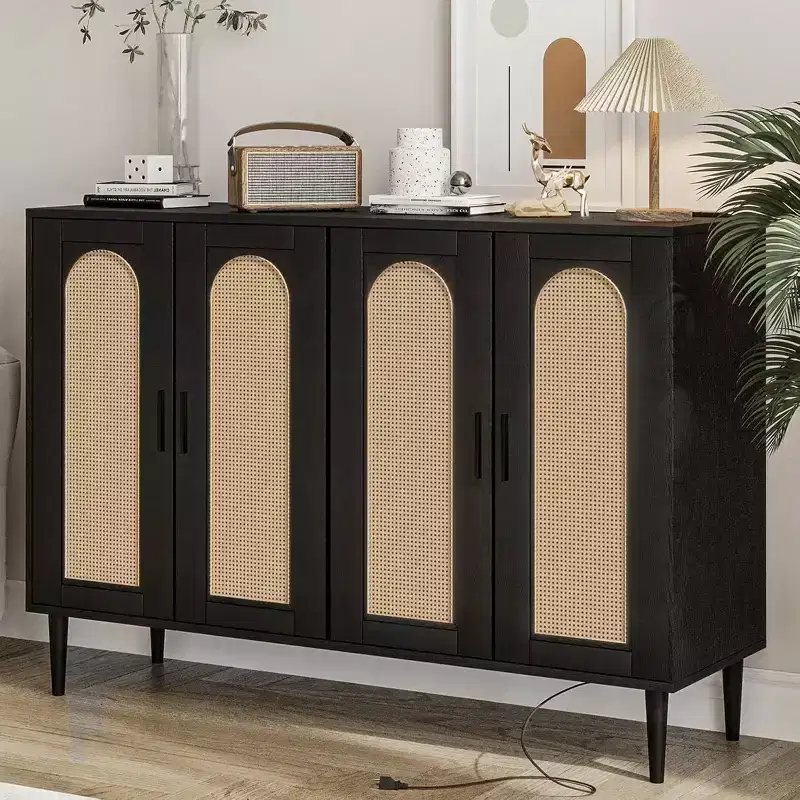 Rattan Buffet Cabinet with Power Outlet & Adjustable Shelves Storage Sideboard for Kitchen, Dining Room, Entryway (Black)