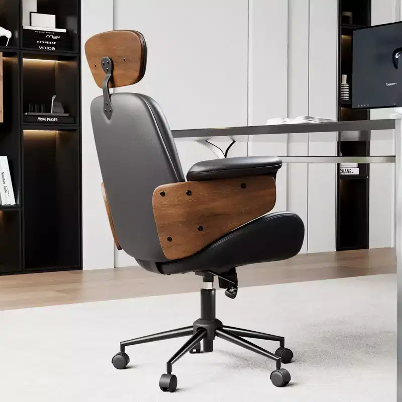 Office Chair with Wheels, PU Leather Swivel Desk Chair, Bentwood Arms, Height Adjustable