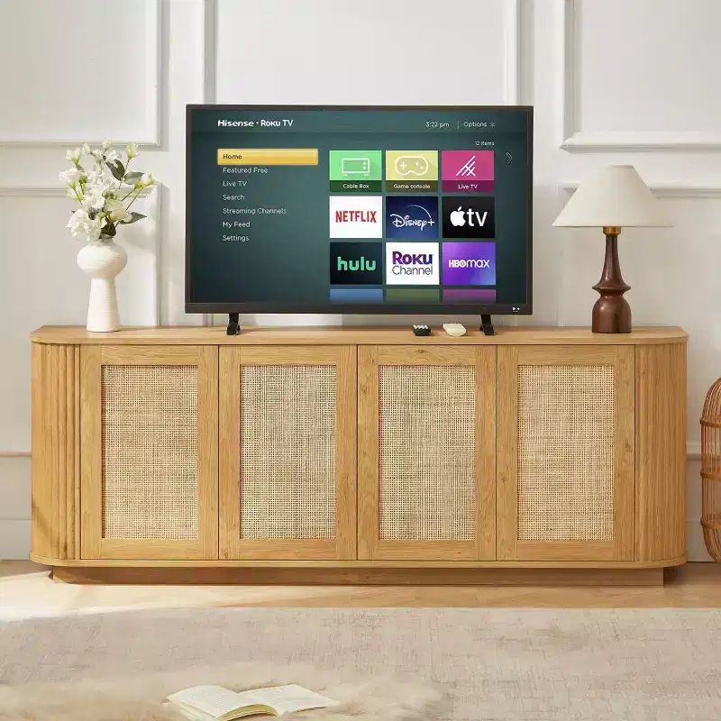64 Japandi Rattan TV Stand, Media Console with Fluted Rounded Corners and 4 Cane Doors