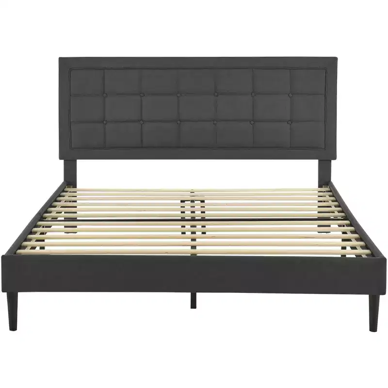 Upholstered Platform Full Size Bed Frame with Button-Tufted Headboard, Dark Grey
