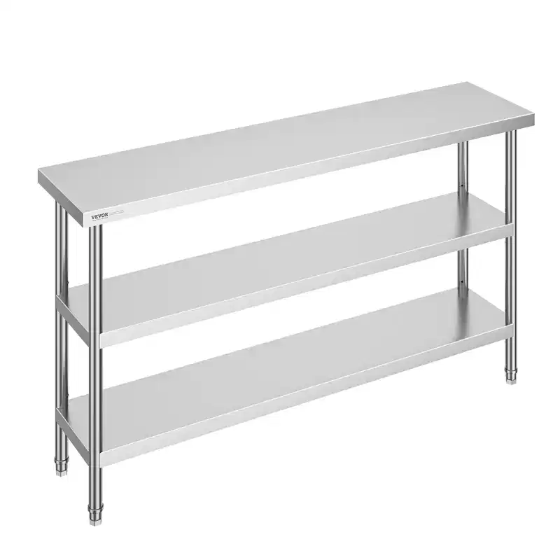 VEVOR Stainless Steel Food Prep Table, 14 x 60 x 34 Inch Commercial Kitchen Worktable, with 2 Adjustable Undershelf, Heavy Duty Prep Table