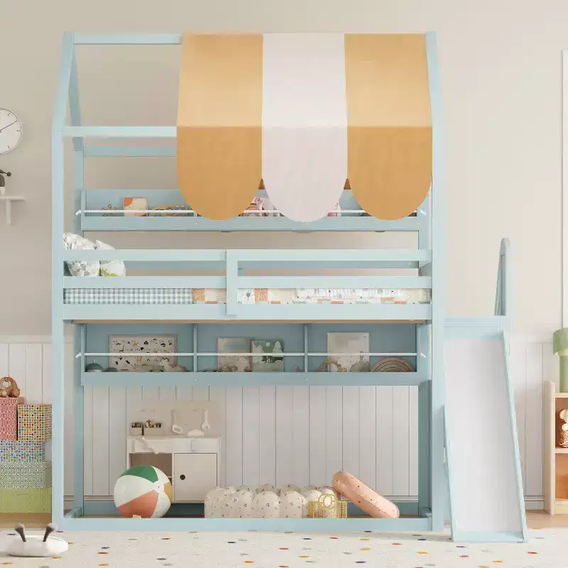 Full Size House Bed with Canopy and Slide for Kids, Wood Loft Bed with Built-in Bookshelves and Storage Staircase