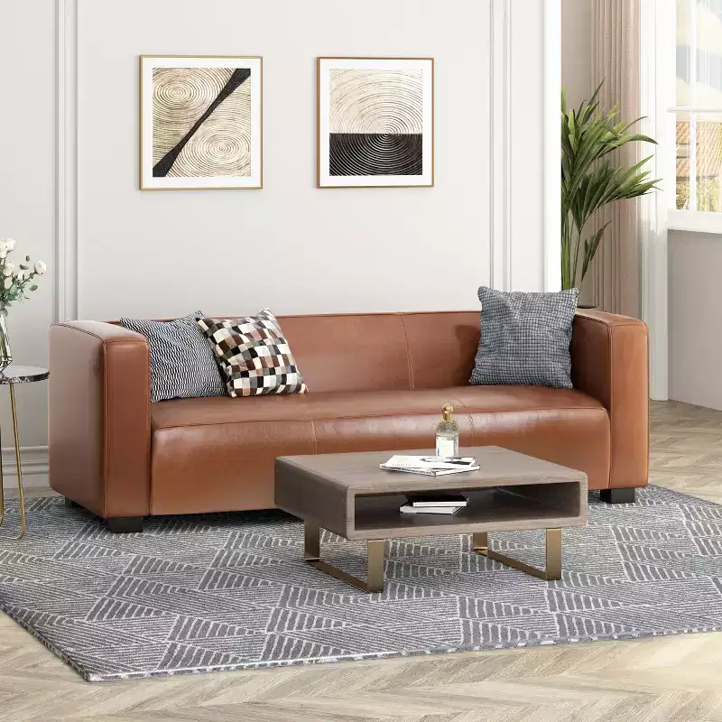 Contemporary Square Arm Faux Leather 3 Seater Sofa with Birch Wood Legs
