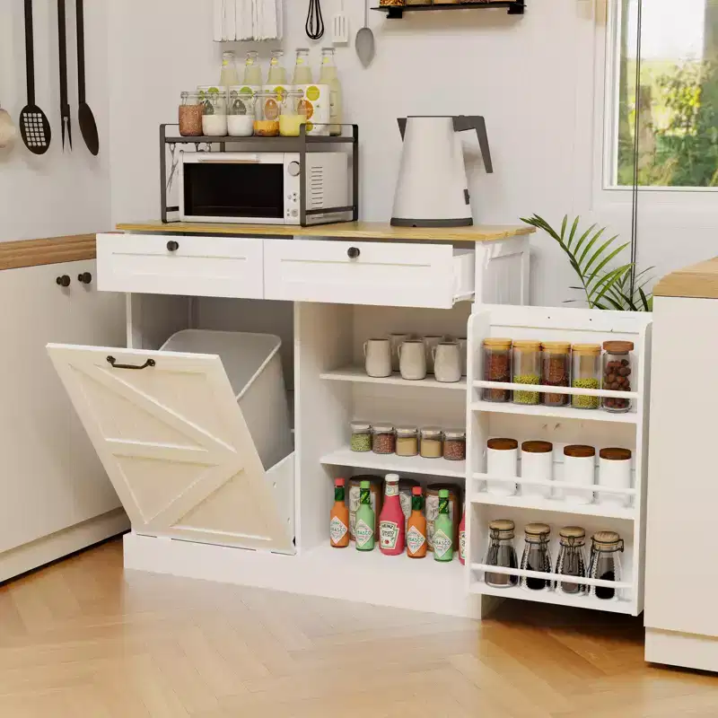 Tilt-Out Trash Can Storage Cabinet with Drawers – White, E1 MDF