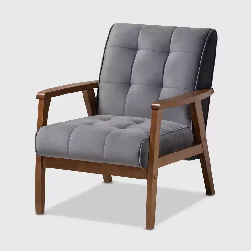 Velvet Upholstered Mid-Century Wood Armchair