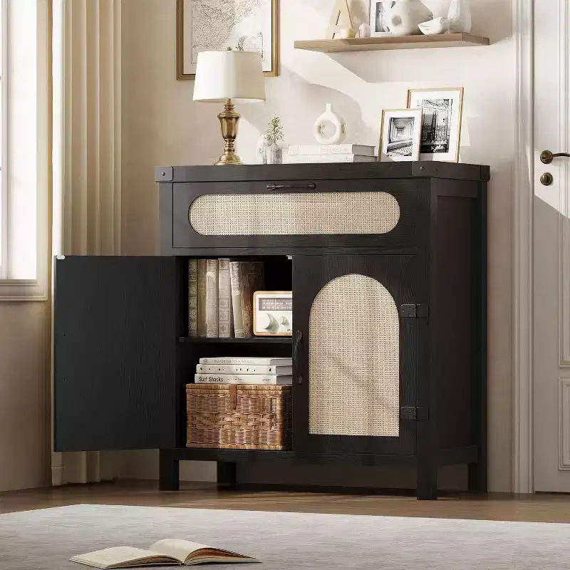 29.9 Small Rattan Buffet Cabinet, Kitchen Coffee Bar Sideboard Featuring Doors and Drawer, Adjustable Shelves and Handles, Boho Farmhouse Style