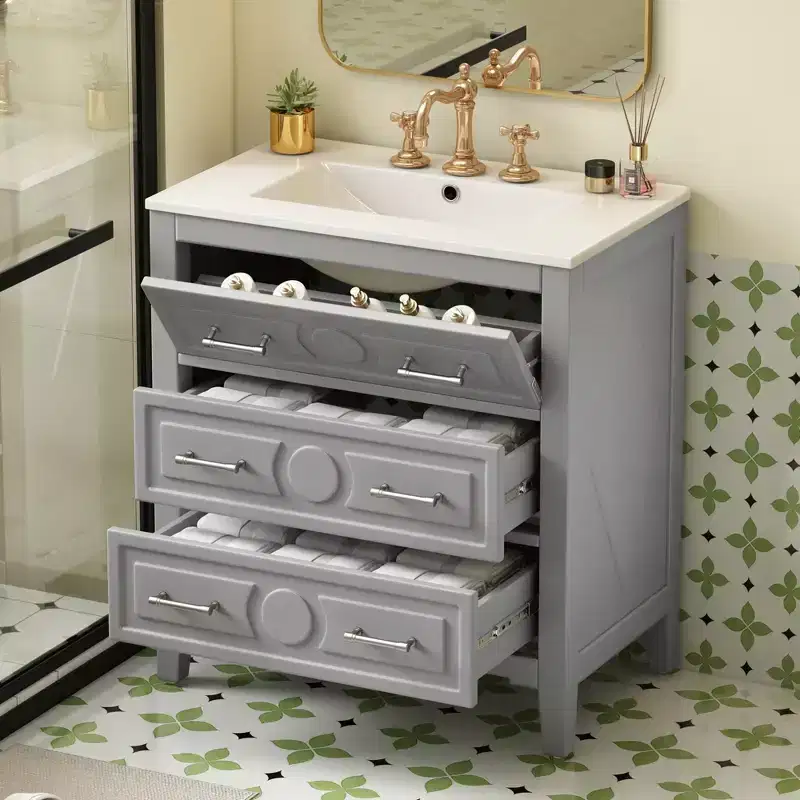 Bathroom vanity with ceramic sink, freestanding vanity set with 3 drawers, solid wood frame bathroom storage cabinet