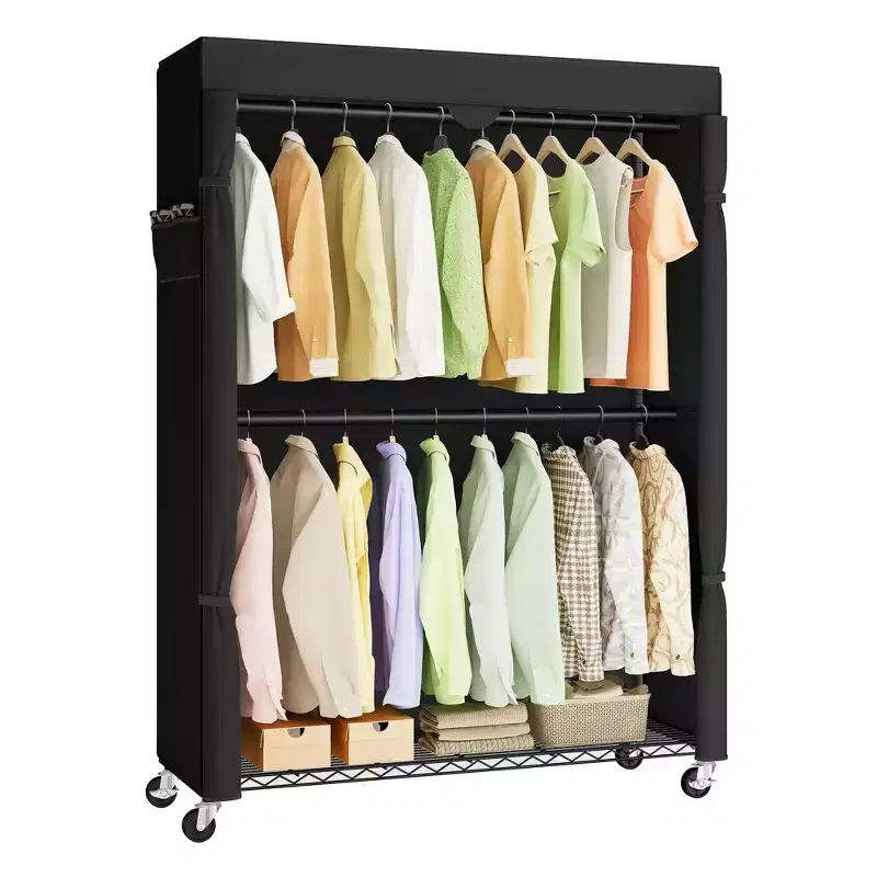 SONGMICS Heavy-Duty Rolling Clothes Rack, Portable Closet with Wheels, with Adjustable Mesh Shelves and Hanging Rails, Fabric Cover, Ink Black