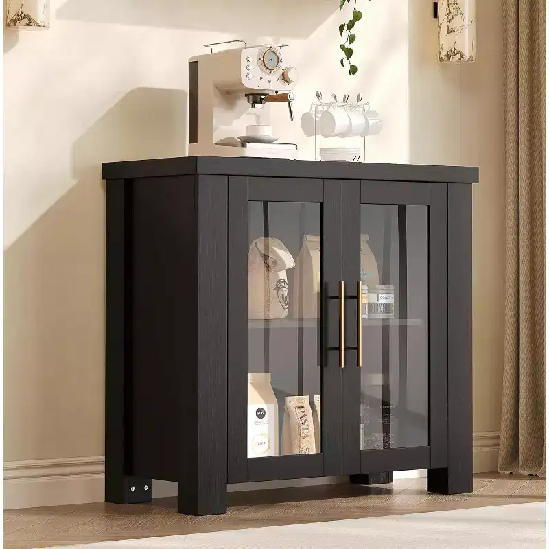 Wood Buffet Cabinet with Tempered Glass Doors, Sturdy Sideboard with Storage, Metal Handles for Living Room, Dining Room, or Kitchen