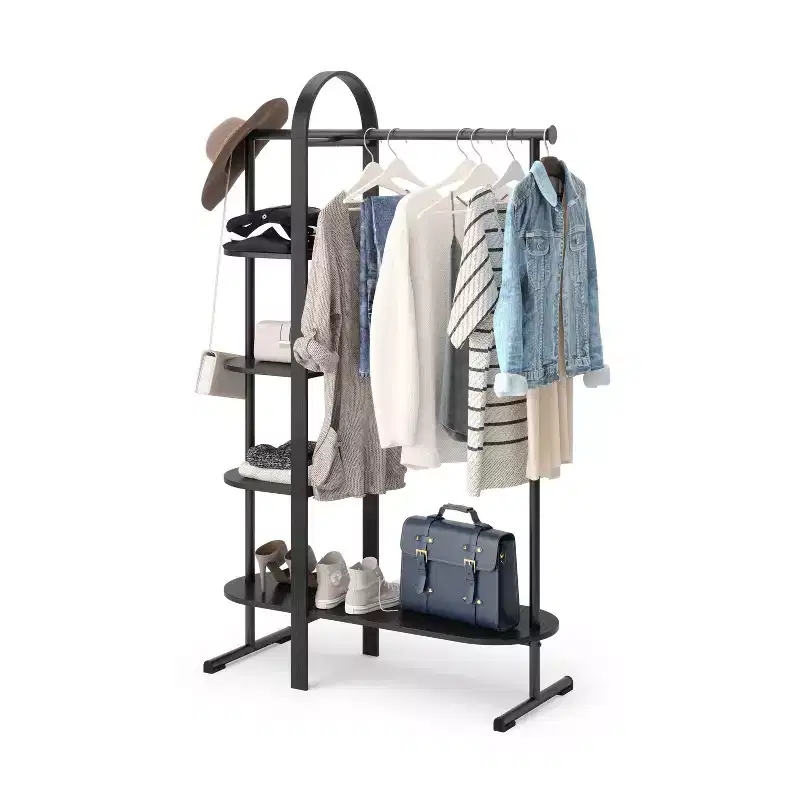 Eucalyptus Garment Rack, Black, Fixed Rod & 4 Shelves, 65.74