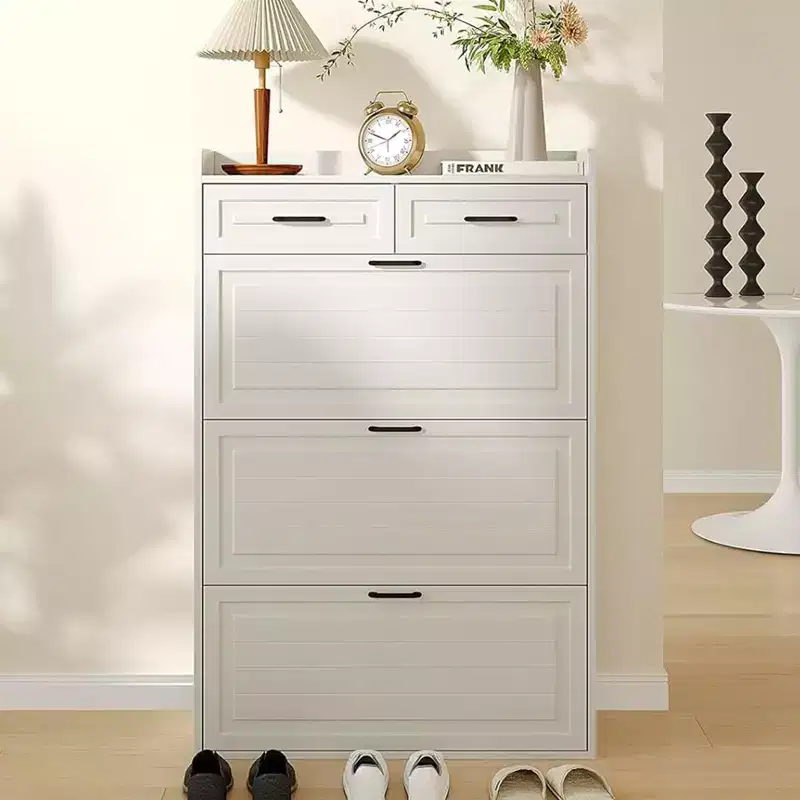Shoe Cabinet, White Hidden Wood Shoe Storage Cabinet with 2 Drawers & 3 Flip Drawers, Narrow Shoe Rack