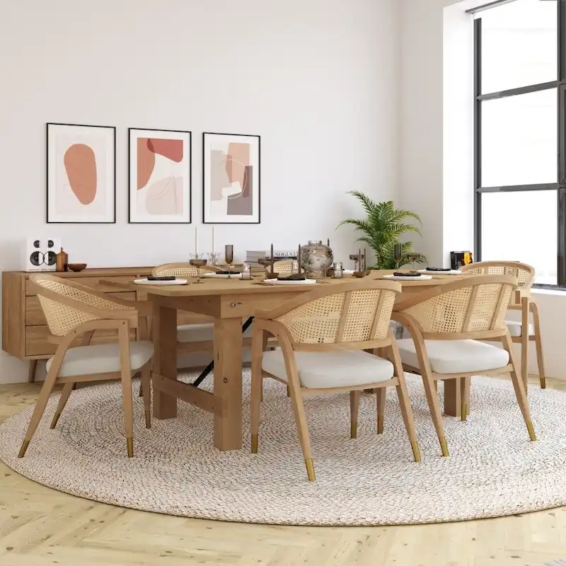 Cane Rattan Woven Back Dining Chair with Upholstered Seat