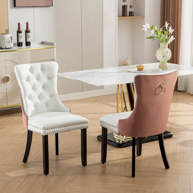 Set of 2 PU & Velvet Upholstered Dining Chairs – Nailhead Trim, Solid Wood Legs