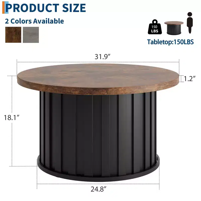 32 Coffee Table, Round Mid Century Coffee Table with Metal Base, Fluted Center Table for Living Room, Office, Apartment