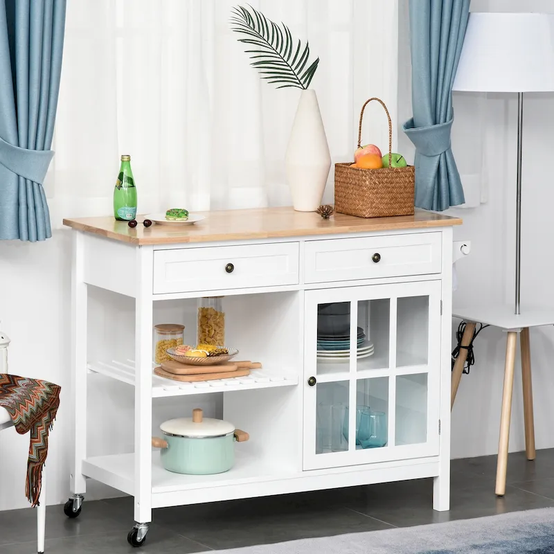 Kitchen Island Utility Storage Cart with Rubber Wood Top, Towel Rack, 2 Cabinets & Drawers for Dining Room