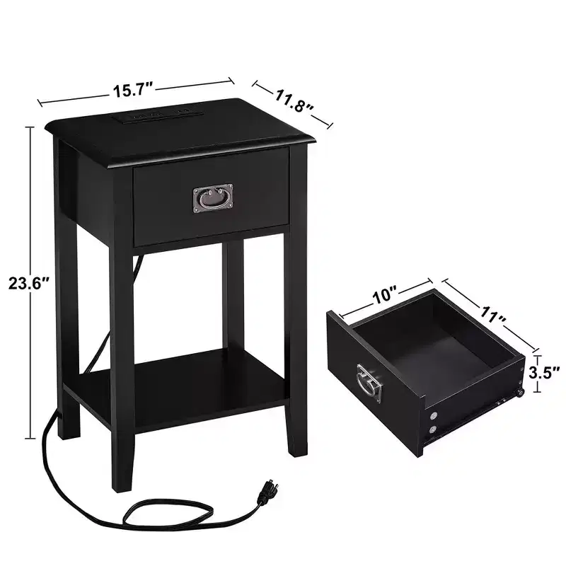 Nightstand -with Charging Station, Black End/Side Table with USB Ports, Nightstands with 3-Drawers Storage Shelf
