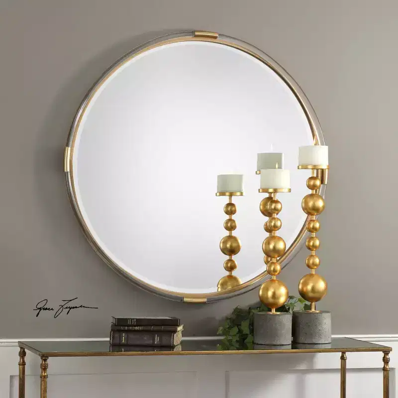 Round Vanity Decorative Wall Mirror, Beveled Metallic Gold, Clear Acrylic Frame, 37.5