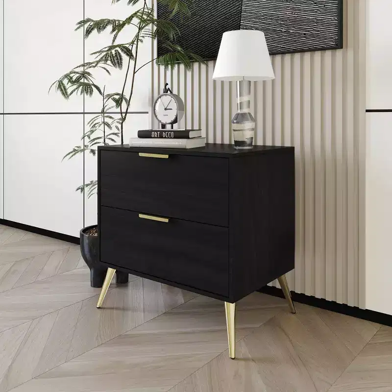 2-Drawer Nightstand with Gold Legs and Handles, Solid Wood