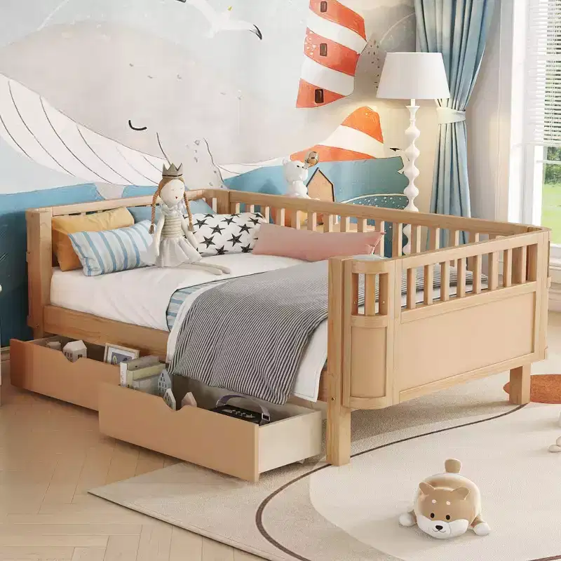Twin/Full Size Wood Platform Bed for Kids, Low Profile with Safety Rails & Storage Drawers, Solid Pine & MDF, Bedroom