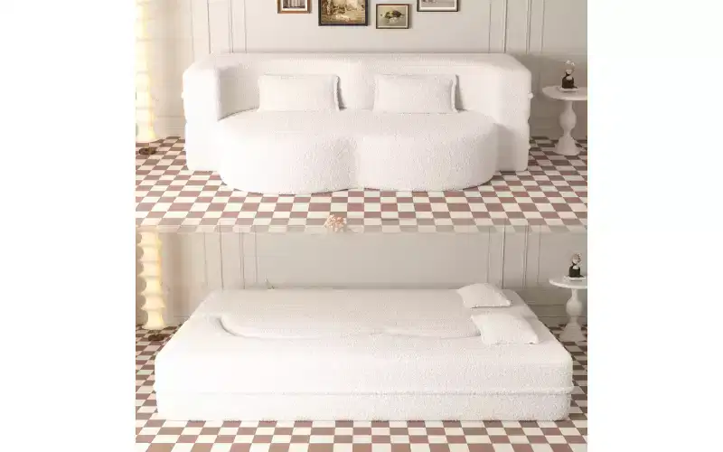 Modern Floor Sofa with 2 Pillows, Convertible Teddy Fabric Sleeper Sofa Bed for Living Room