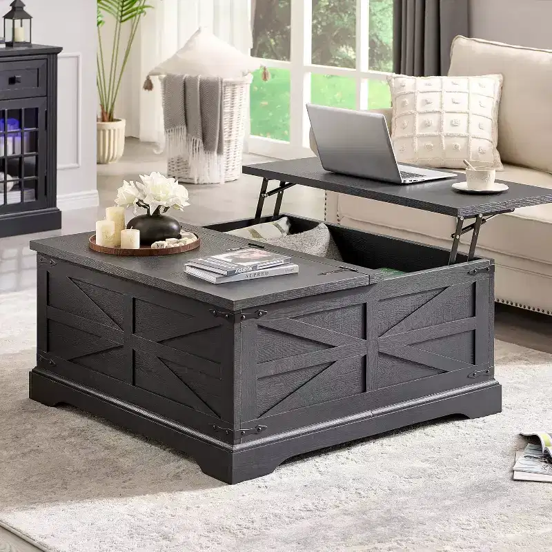 SinCiDo Farmhouse Lift Top Coffee Table, 36 Square Center Table w/Large Hidden Storage Compartment, Rustic Wood Living Room Dining Table