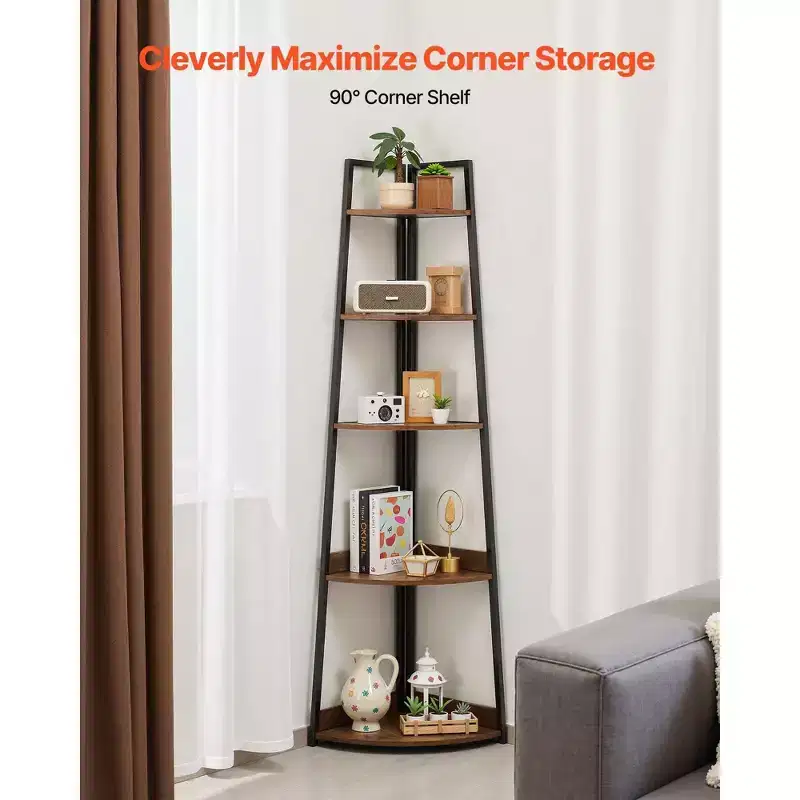 70 5-Tier Industrial Corner Shelf - Metal Frame, Wooden Shelves,Rustic Brown