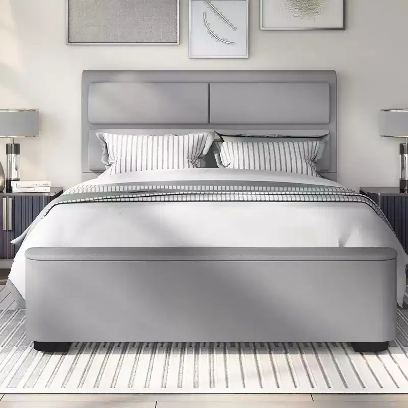 Queen Upholstered Storage Bed with Bench Footboard, Gray