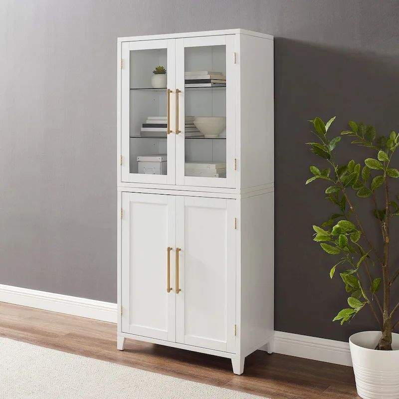 Pantry Storage Cabinet with Tempered Glass Door Hutch, White, Adjustable Shelves