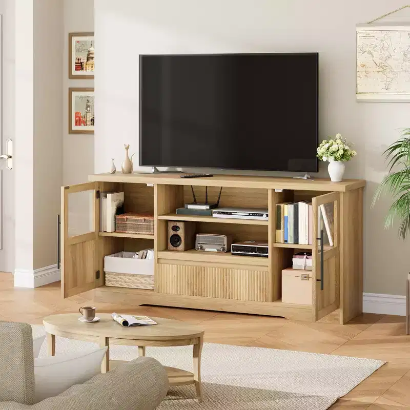 TV Stand Fits TV up to 72'', Wave Pattern Entertainment Center with 2 Glass Door Cabinets, TV Media Console with 2 Open Doors (Natural)