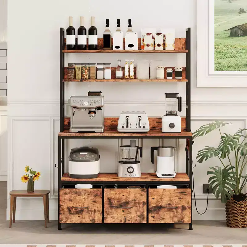 5-Tier Vintage Brown Kitchen Bakers Rack with Charging Station & Drawers C Industrial Microwave Stand/Farmhouse Coffee Bar for Kitchen/Office