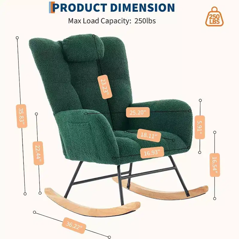 Rocking Chair Nursery Teddy with Pillow&High Backrest Armchair,Fabric Upholstered Accent Chair Nursing Chairs for Living Room, Bedroom