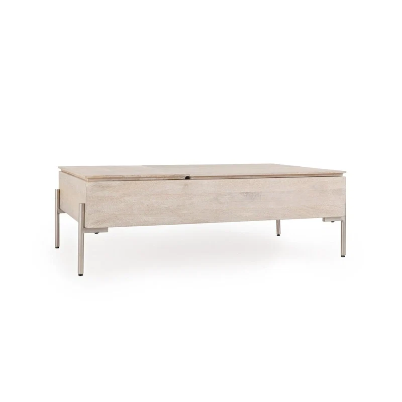 Mango Wood Lift Top Coffee Table in White, Dual Lift Sections for Storage and Desk Use