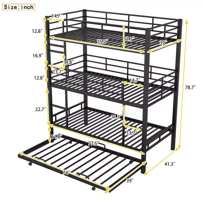 Heavy Duty Triple Bunk Bed for 3 Kids, Twin over Twin over Twin Triple Bunk Beds with Trundle