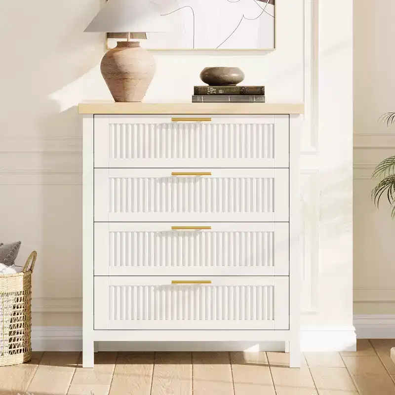 Fluted Drawer Chest 4-Drawer Storage Cabinet Engineered Wood Organizer for Bedroom Living Room Hallway