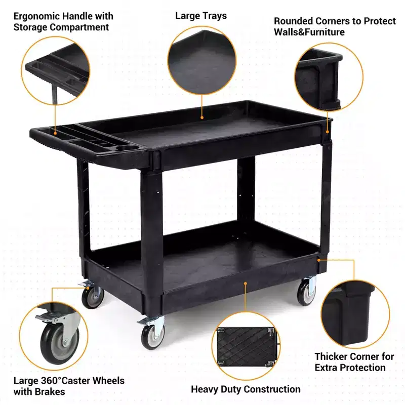 CuisinSmart 2 Tier Large Heavy Duty Service Cart, Rolling Utility Cart with 360 Swivel Wheels+Oversize Shelf, for Warehouse Garage Cleaning