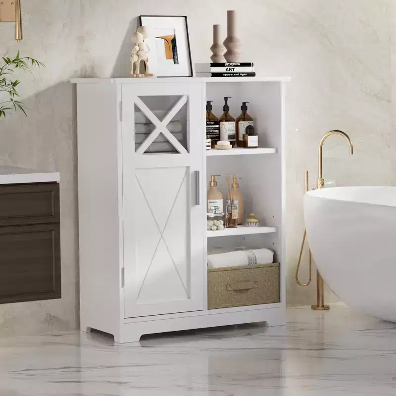 VECELO Bathroom Floor Storage Cabinet with 2 Adjustable Shelves, Freestanding Cabinet with 1 Door & 3 Open Compartments, White