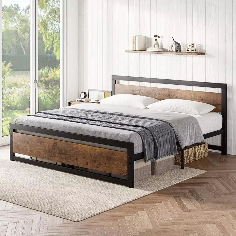 Heavy Duty Bed Frame with Headboard and Footboard, Metal Platform with 13.8 Storage, Noise Free & Tool-Free Assembly, Vintage Brown