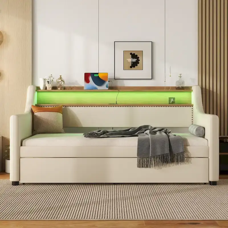PU Leather Twin Size Daybed with Trundle