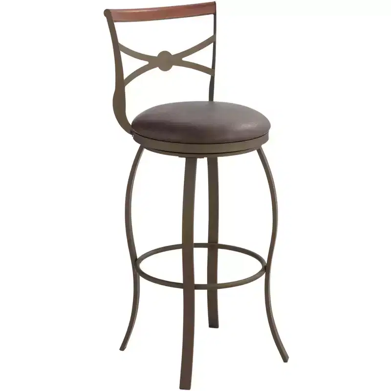 Elm Lane Haidar Bronze Metal Swivel Bar Stool Brown 25 High Traditional Faux Leather Round Cushion with Backrest Footrest for Kitchen Counter Height