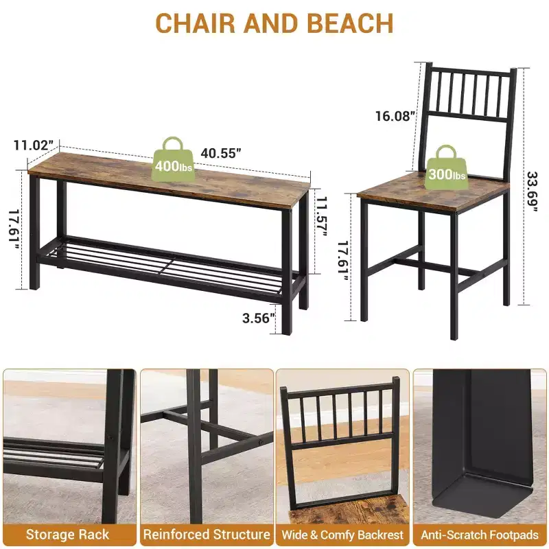 Farmhouse Kitchen Table Set for 4 with Storage Bench, Dining Table and Chairs Set for Kitchen Dining Room Apartment