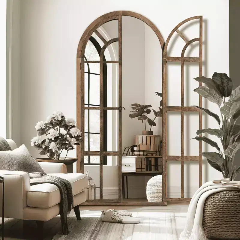 Full-Length Mirror Solid Wood Grid Right Angle Arch 71x31x1in Openable No Stand