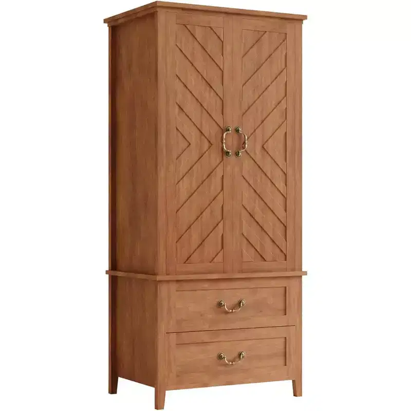 V Shape Armoire Wardrobe Closet with 2 Doors & Drawers, 71.06 Wooden Tall Bedroom Armoire Closet Cabinet with Hanging Rod, Freestanding Cabinet